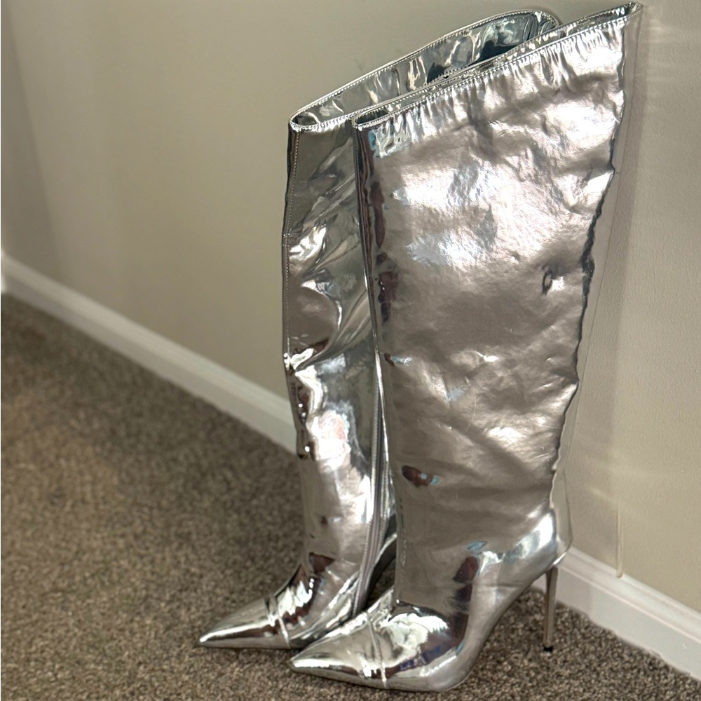 Chrome knee high boots